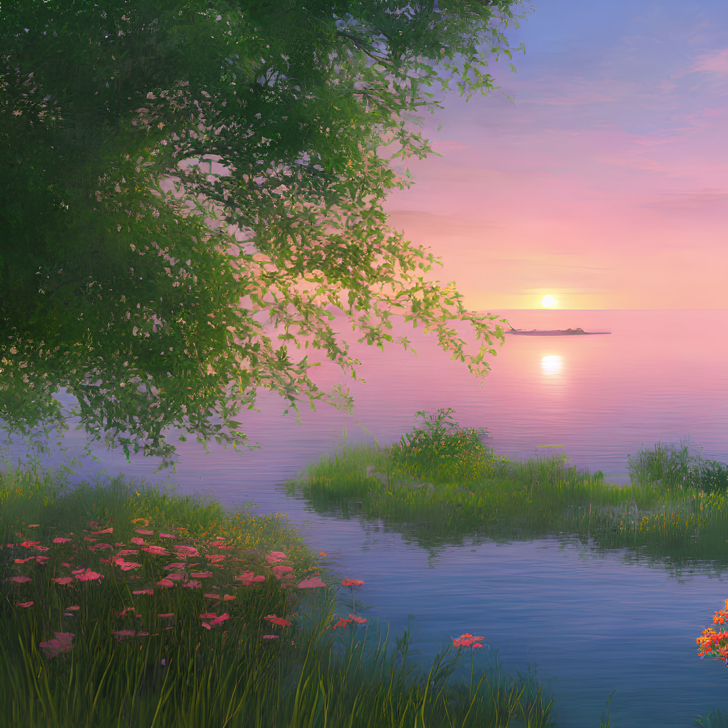 Tranquil sunset scene with pink flowers, lush greenery, and overhanging tree branches