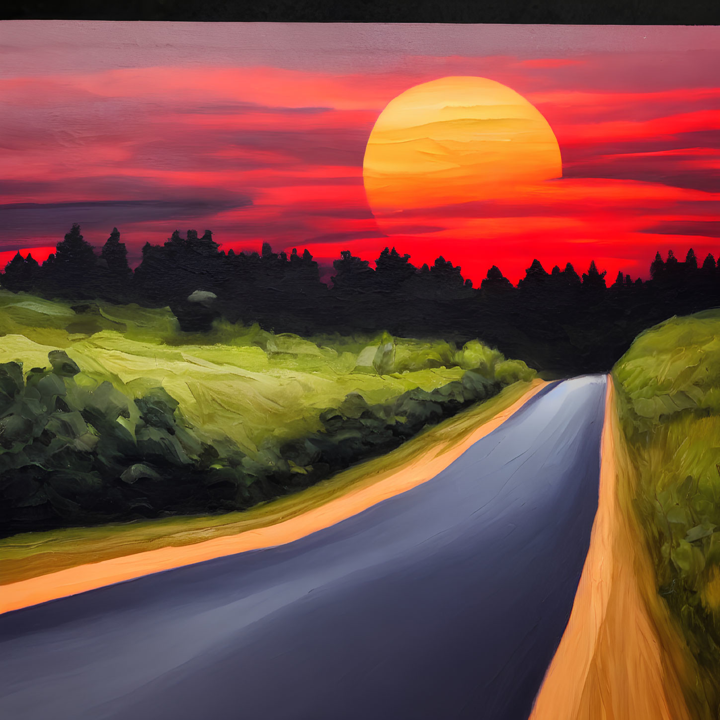 Scenic painting of sunset road with orange sun and silhouetted trees