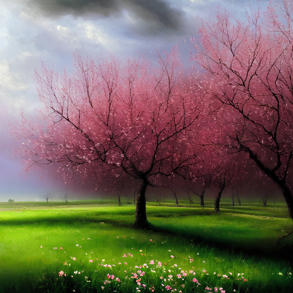 Scenic landscape with cherry blossom trees and flowers under dramatic sky