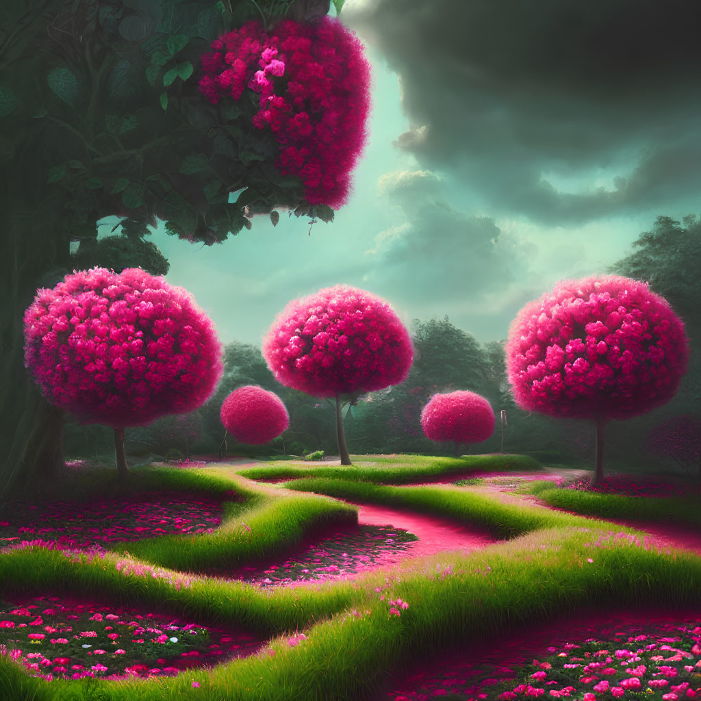 Vibrant pink trees in surreal landscape with luminous grass paths