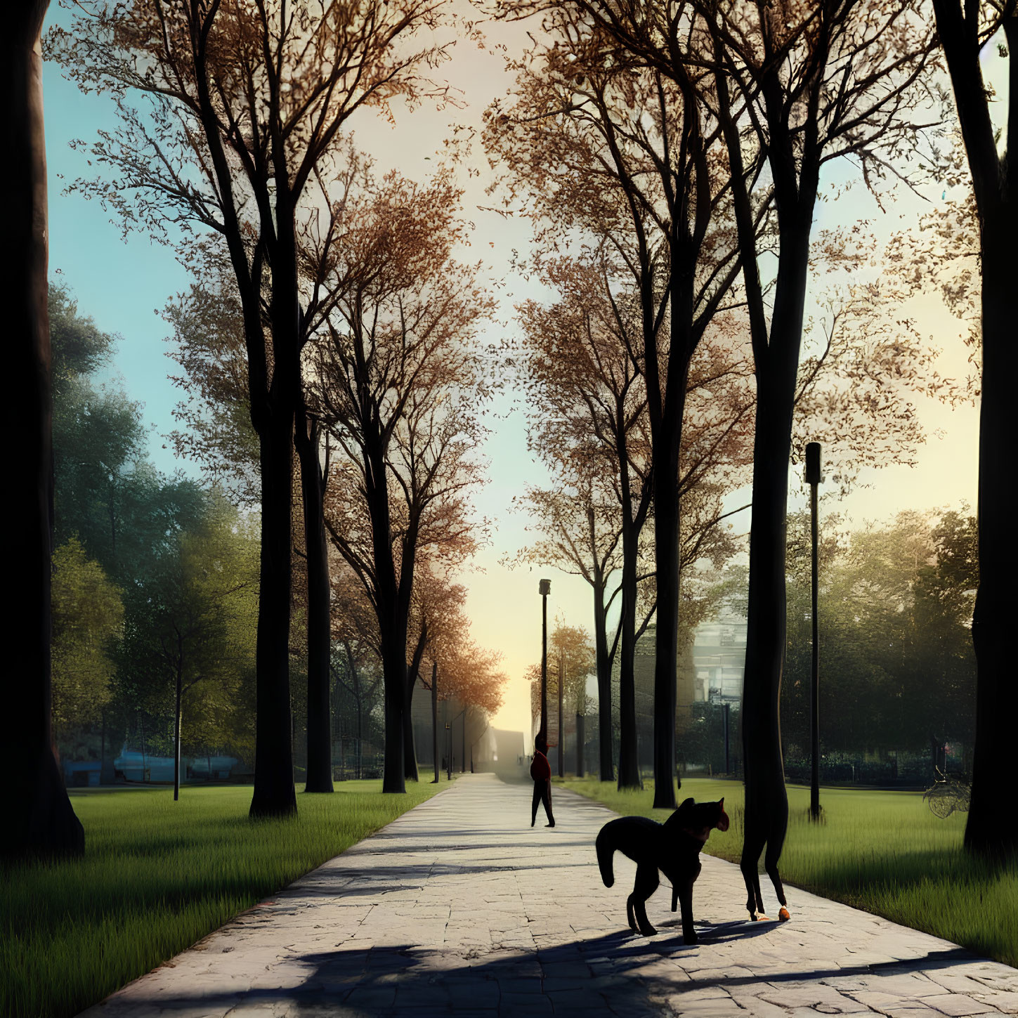 Tranquil park scene with sunset, tall trees, walking dog, and distant cyclist