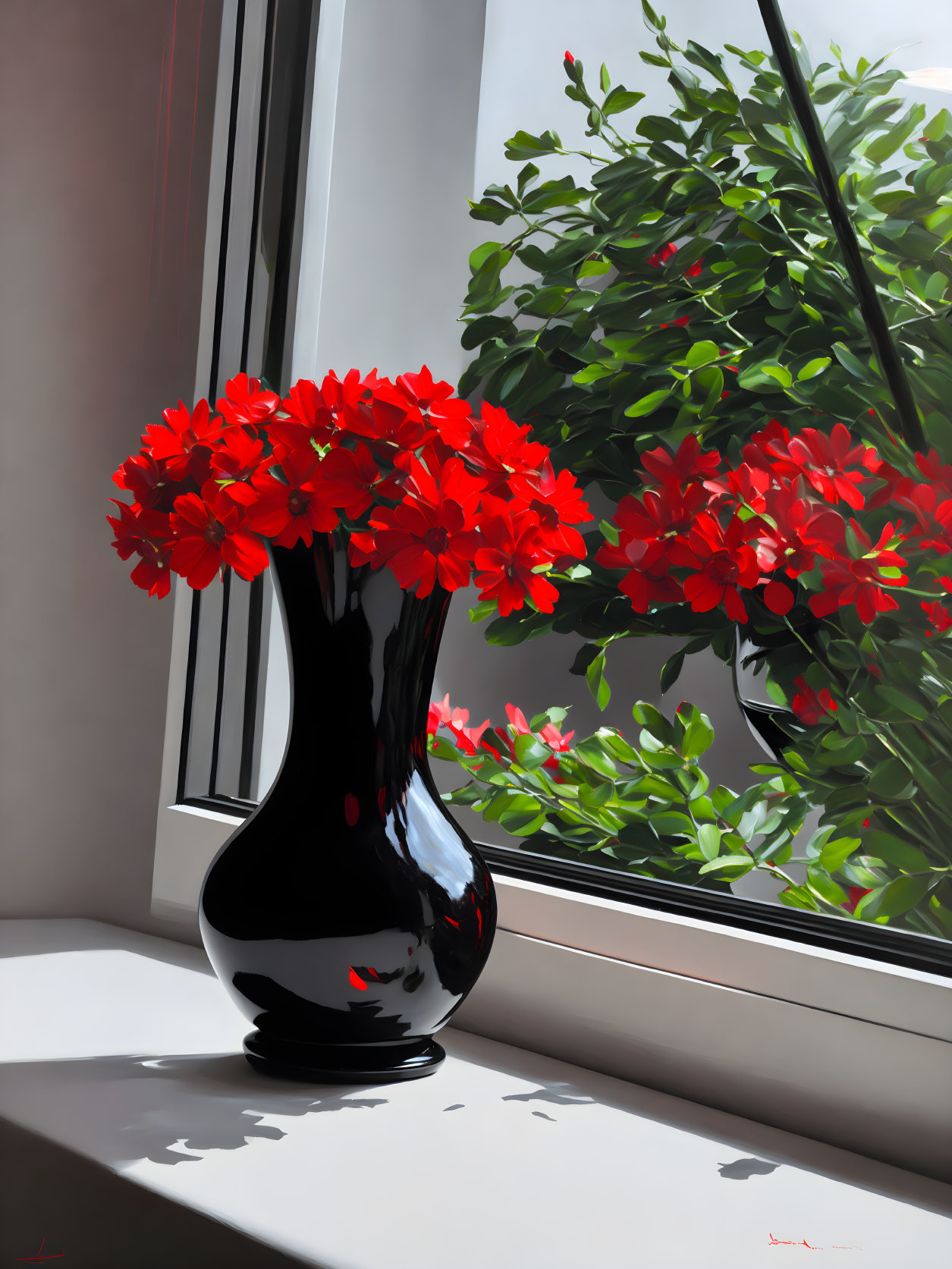 Black Vase with Red Flowers on Sunlit Windowsill