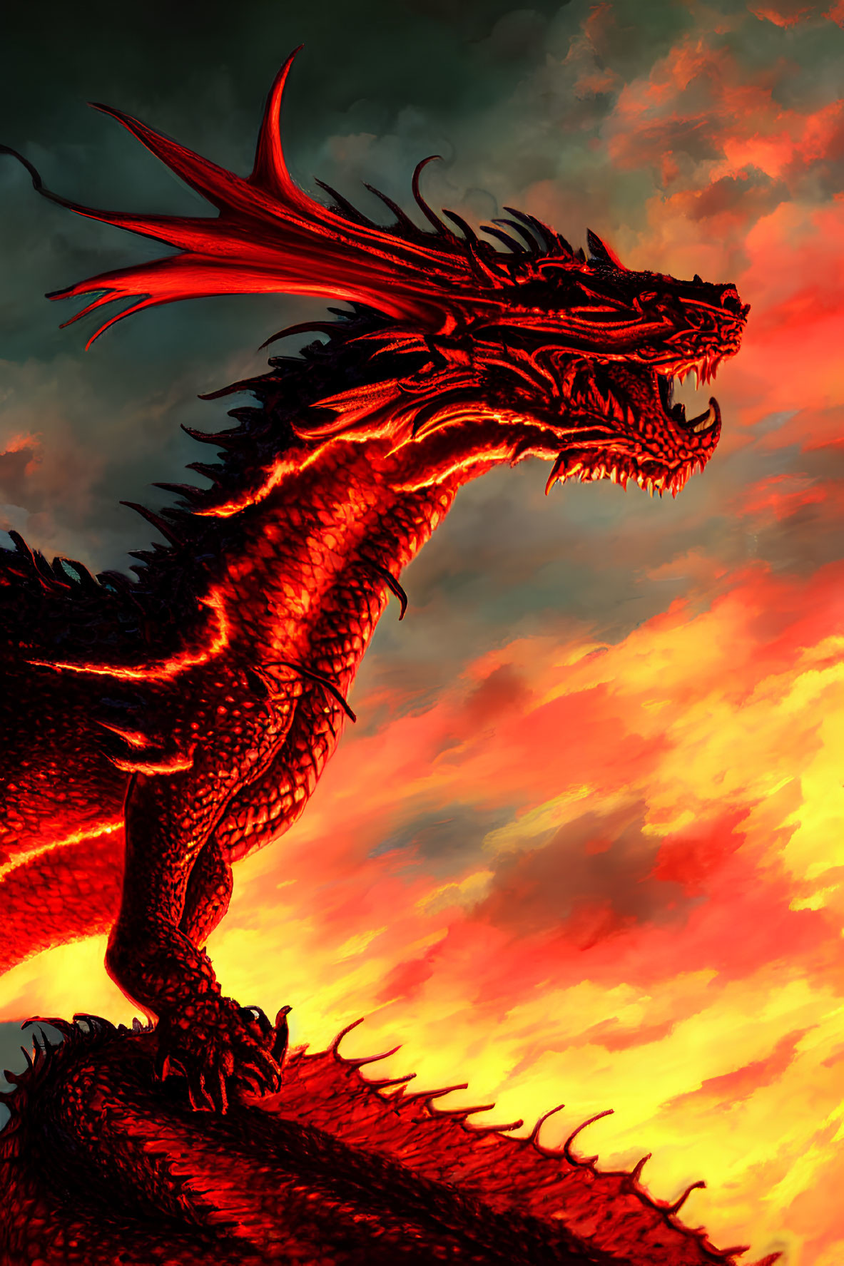Majestic red dragon with horns and spiky scales against dramatic sky