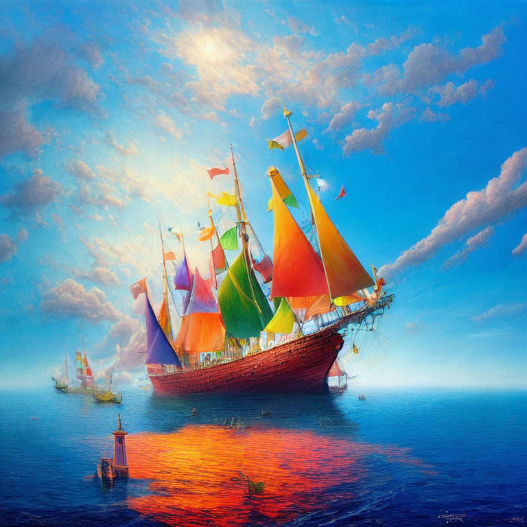 Colorful sailing ship painting on tranquil sea with sunlight glow