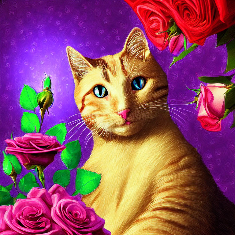 Vibrant orange cat with blue eyes next to pink roses on purple background