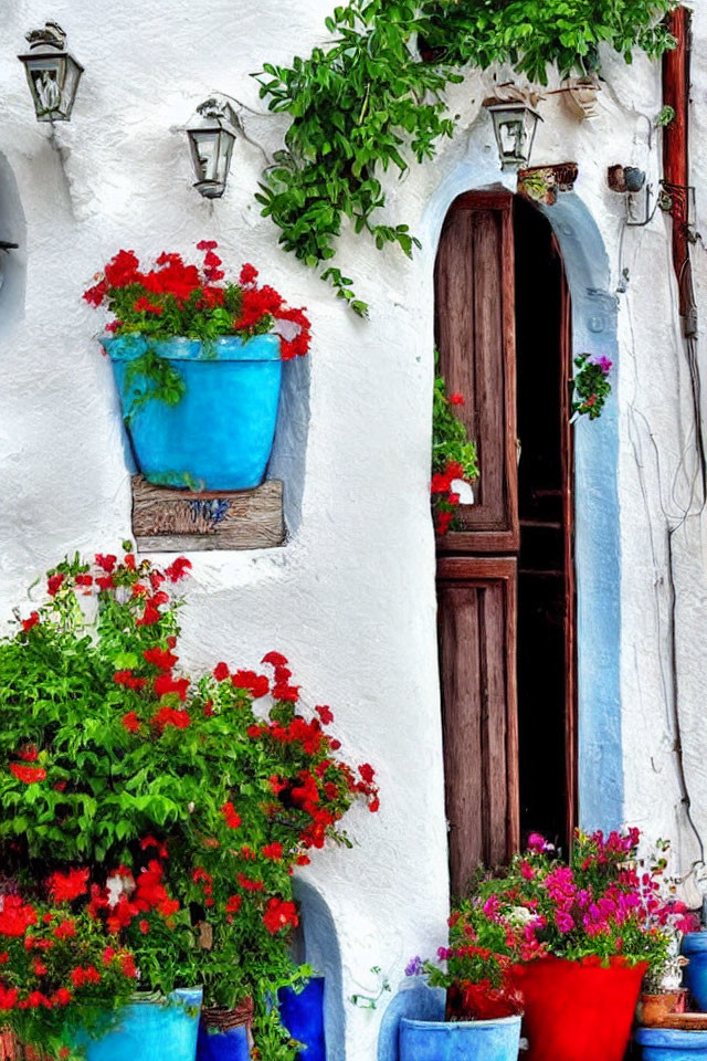 Colorful Red Flowers in Blue Pots Against White Wall with Green Plants