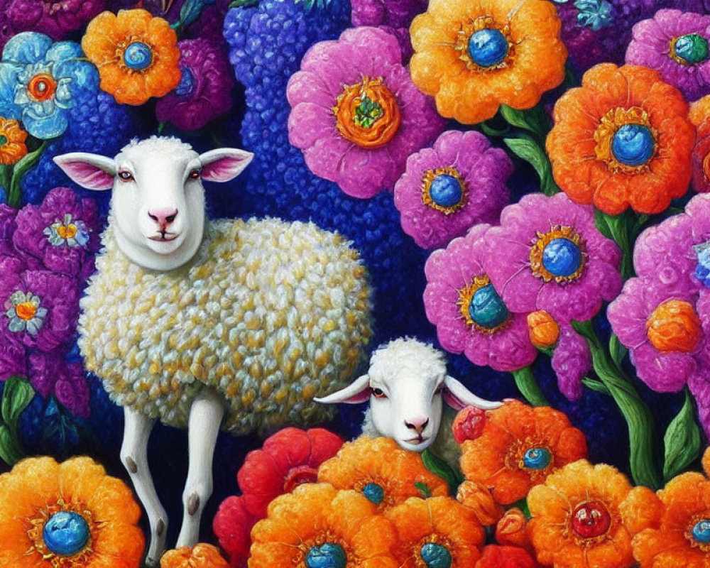 Colorful painting of two sheep in a vibrant flower field