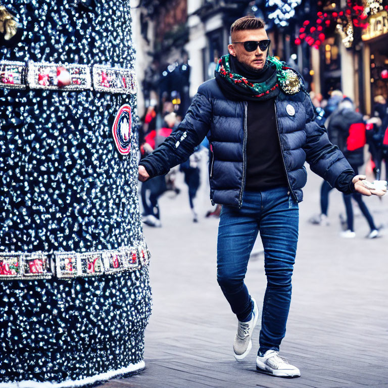 Fashionable man with sunglasses and scarf near festive Christmas tree on urban street