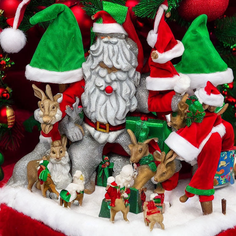 Santa Figure with Animals in Santa Hats on Festive Christmas Display