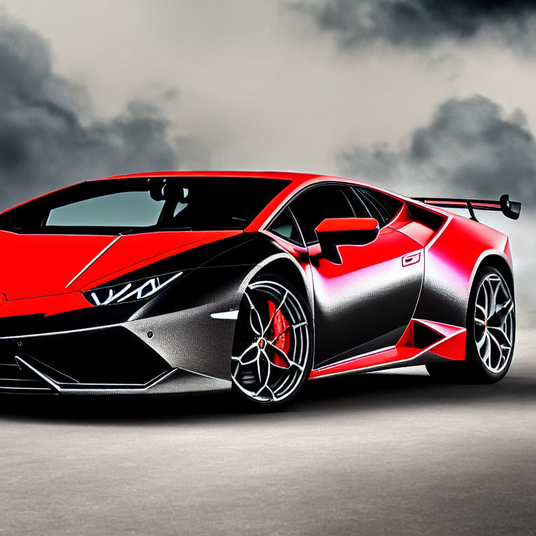 Red and Black Lamborghini Huracan with Large Rear Wing Against Stormy Clouds