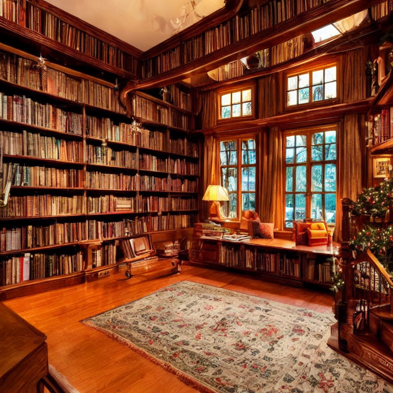 Traditional Home Library with Wooden Bookshelves & Christmas Tree