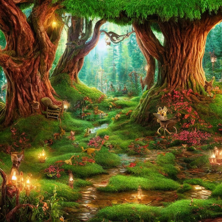 Fantastical forest with vibrant greenery, trees, stream, whimsical creatures, glowing lights,