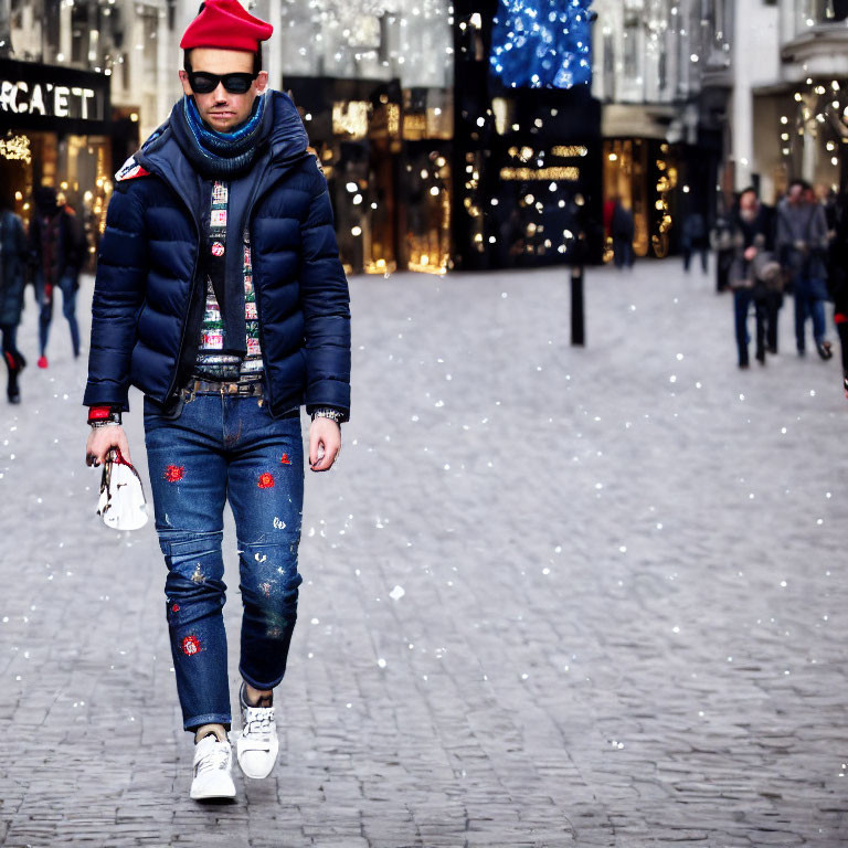 Person in Blue Puffer Jacket Walks Down Festive Street