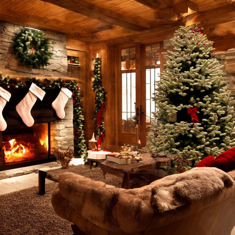 Festive Christmas room with fireplace, tree, gifts, and decorations