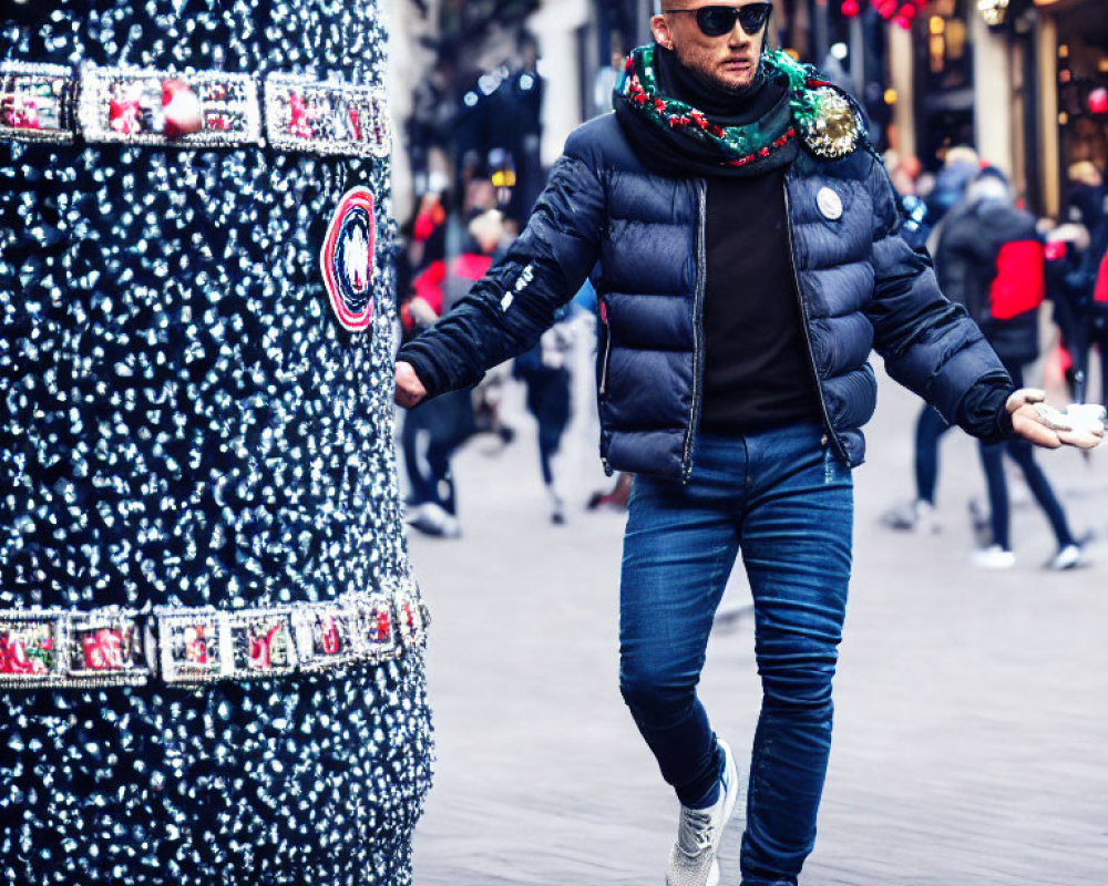 Fashionable man with sunglasses and scarf near festive Christmas tree on urban street