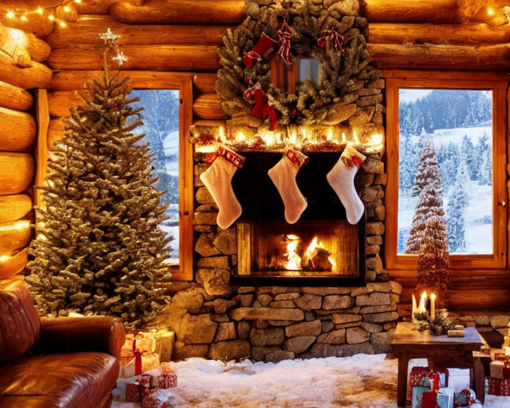 Christmas-themed log cabin interior with fireplace, stockings, tree, lights, and gifts on snowy night