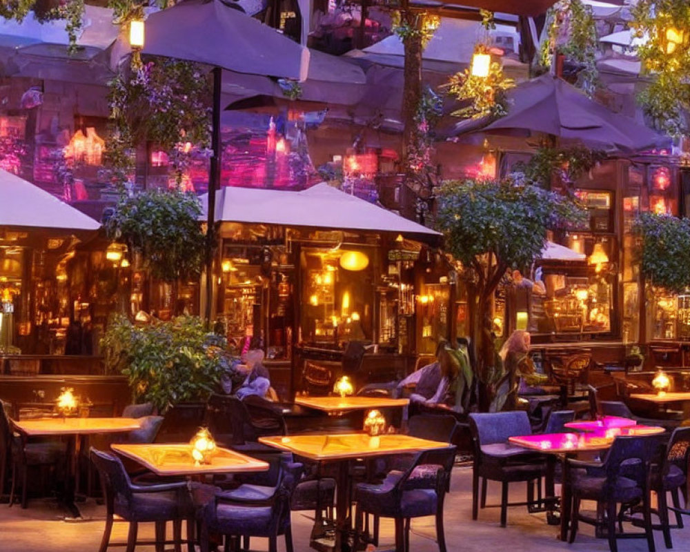 Cozy Restaurant Outdoor Evening Scene with Warm Lighting and Purple Hues