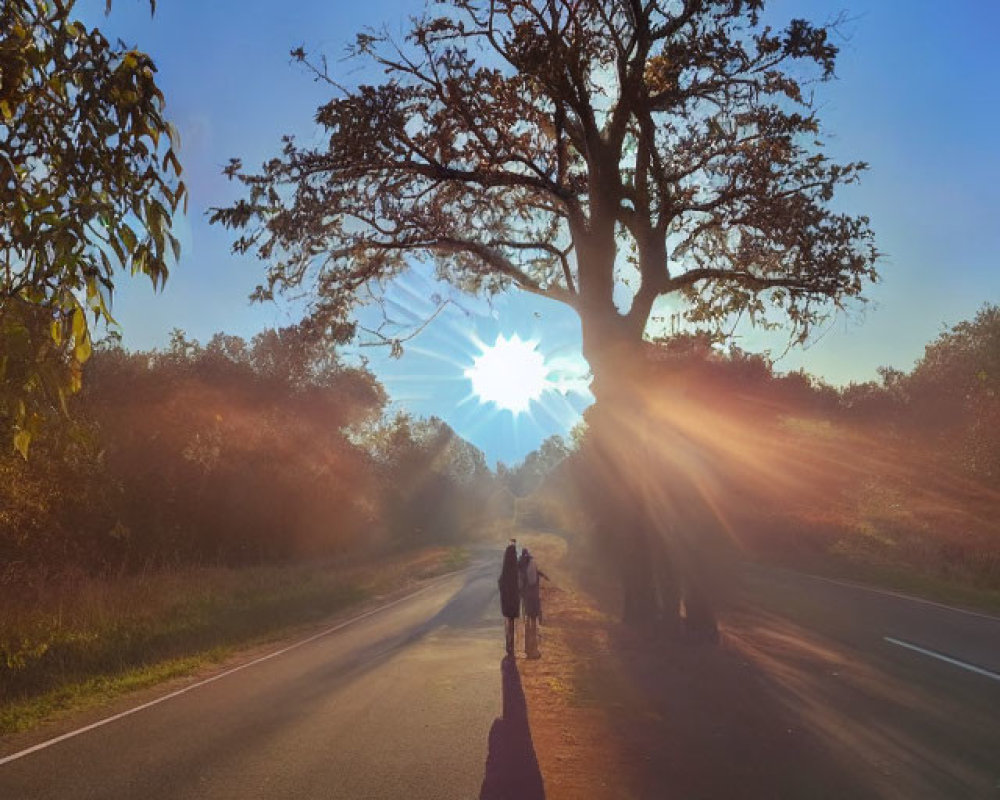 Person walking on serene country road at sunset with long tree shadows