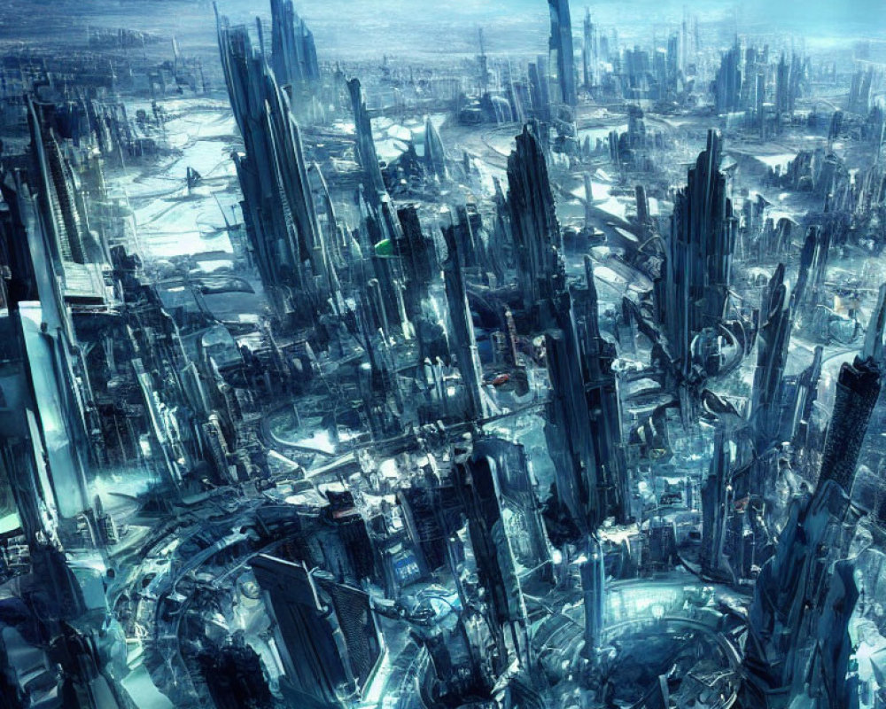 Futuristic cityscape with towering skyscrapers and advanced architecture