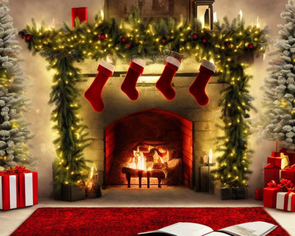 Festive Christmas fireplace with stockings, trees, gifts, and book