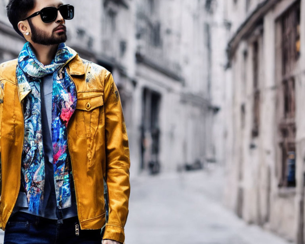 Fashionable man in yellow jacket and sunglasses posing in urban alleyway