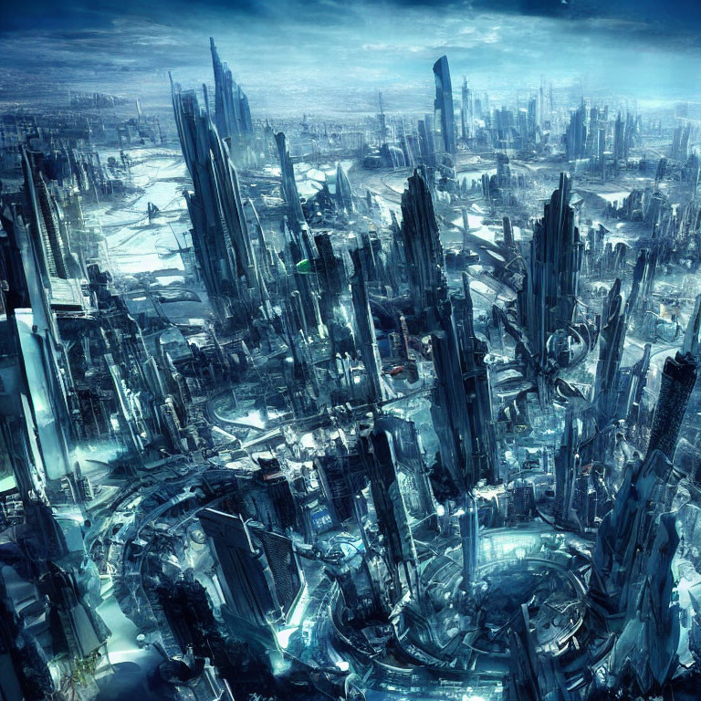 Futuristic cityscape with towering skyscrapers and advanced architecture