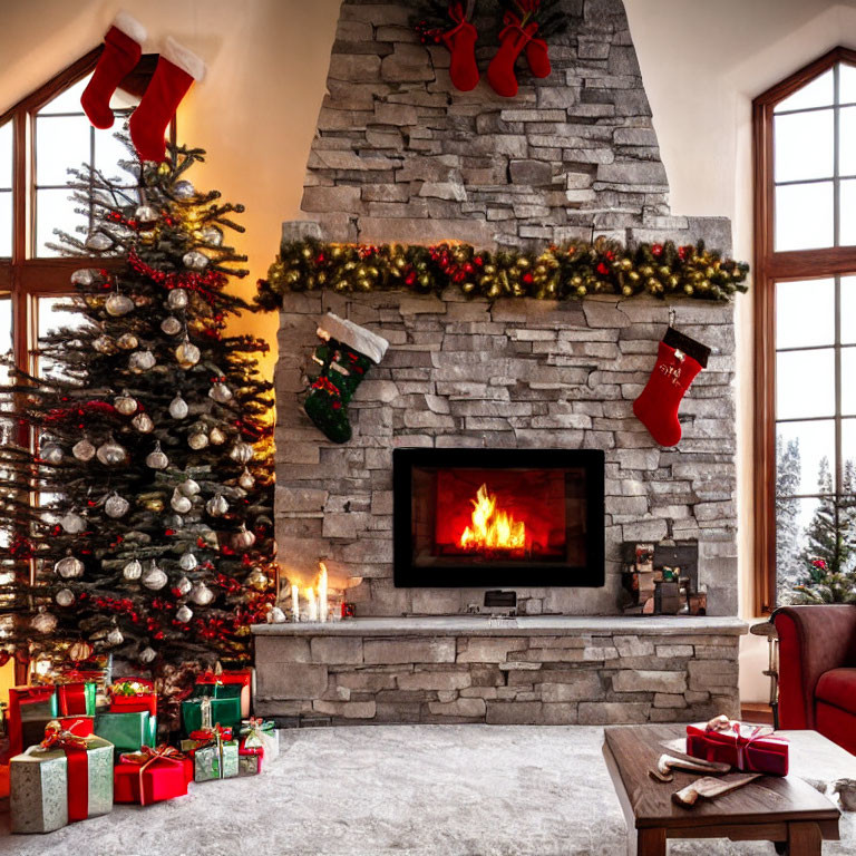 Festive Christmas room with tree, stockings, and presents