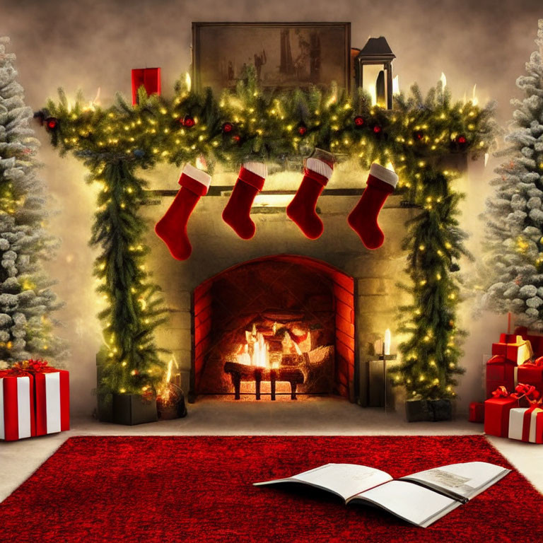 Festive Christmas fireplace with stockings, trees, gifts, and book