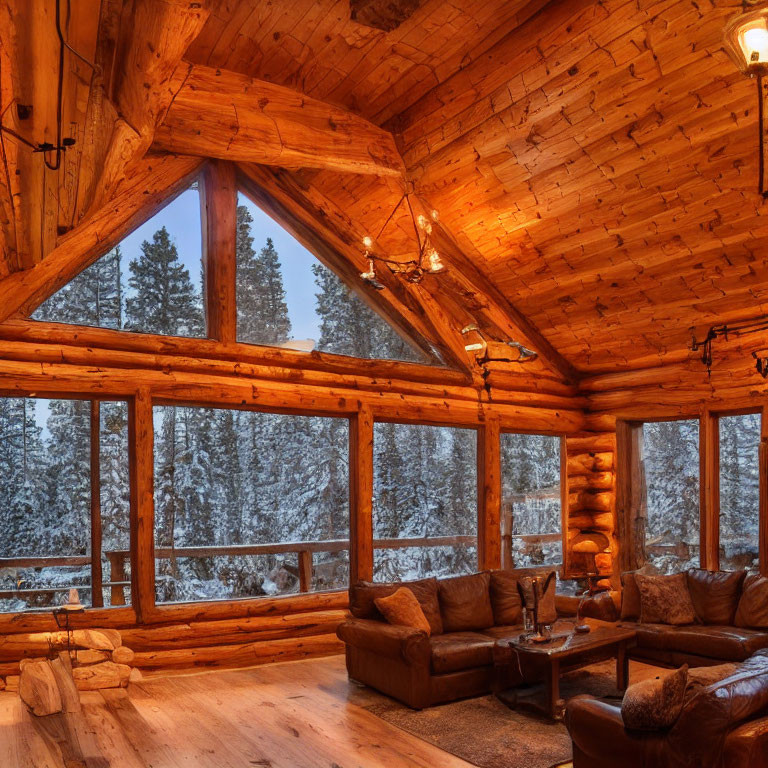 Snowy landscape view from cozy log cabin interior with plush sofas