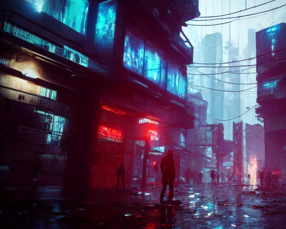 Futuristic urban alley at night with neon lights and rain, silhouettes of people and towering