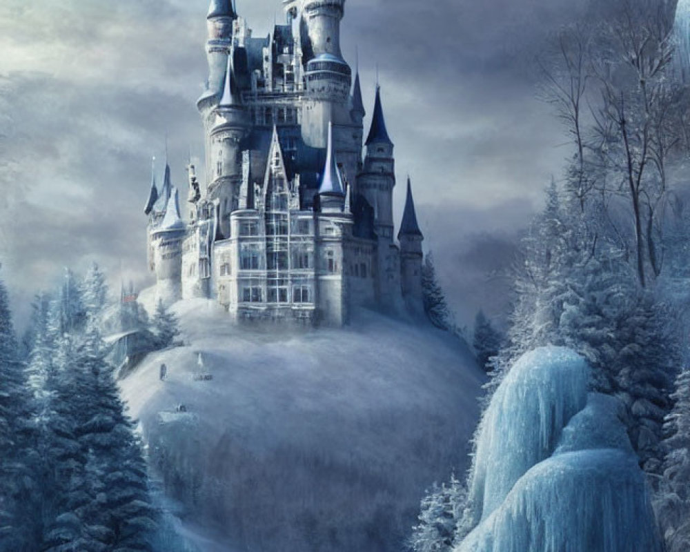 Majestic castle with spires on snowy hill amid frozen landscape