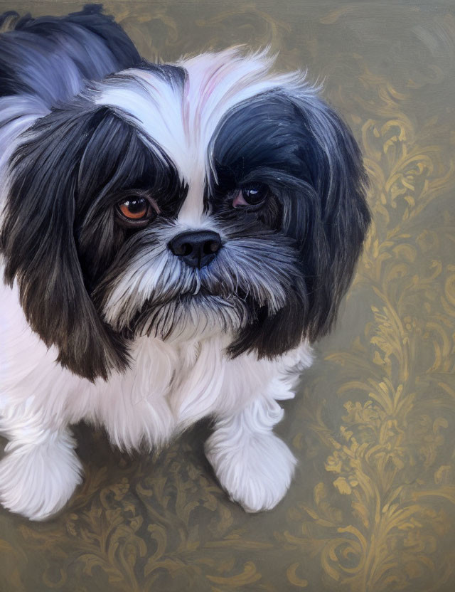 Fluffy black and white dog with underbite in golden patterned background