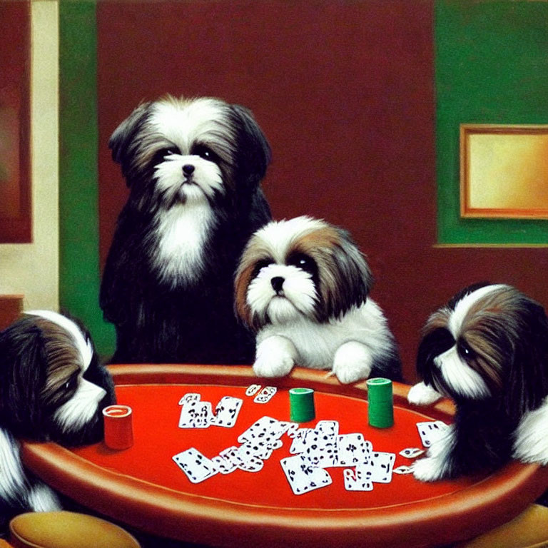 Four Dogs Playing Poker at Table with Cards and Chips