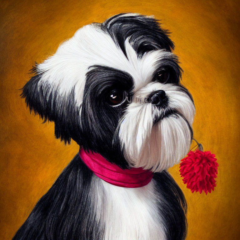 Detailed black and white Shih Tzu with pink collar holding red flower on yellow background