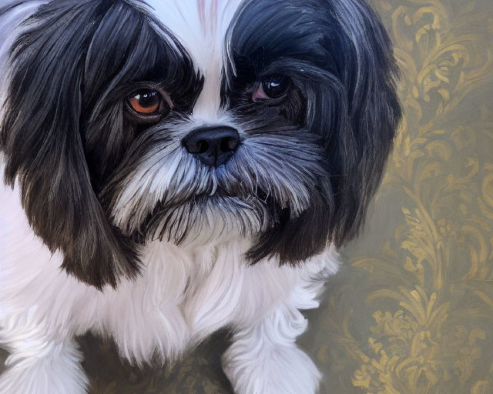 Fluffy black and white dog with underbite in golden patterned background