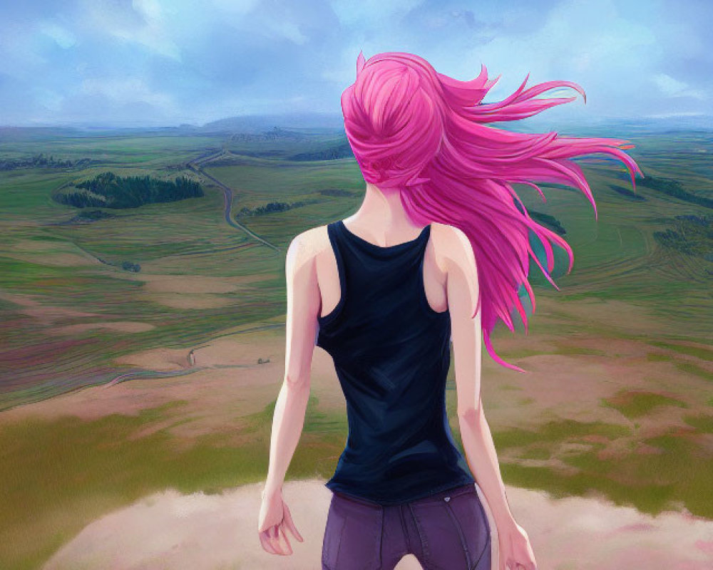 Pink-Haired Person on Hilltop Overlooking Green Landscape