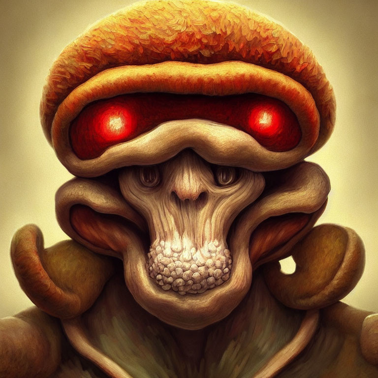 Creature with Mushroom Cap and Glowing Red Eyes: Stylized Artistic Image