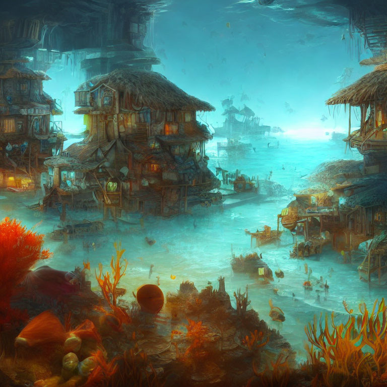 Submerged village with rustic houses in coral reefs and eerie light