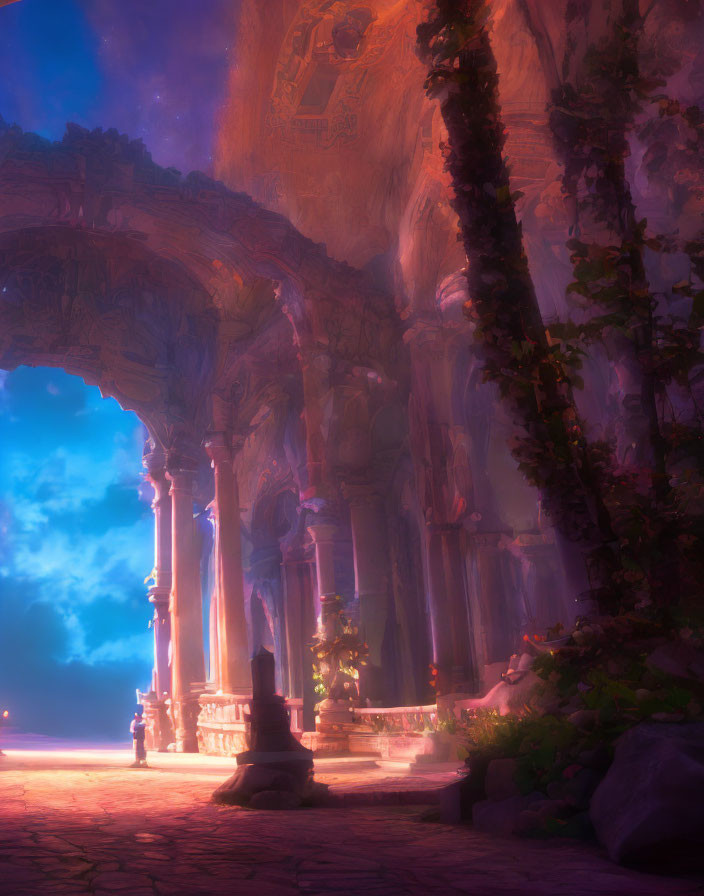 Mystical purple haze envelops ancient ruin with towering columns