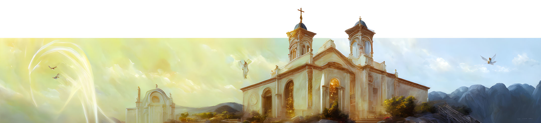 Stately church with angelic figures in warm sunlight