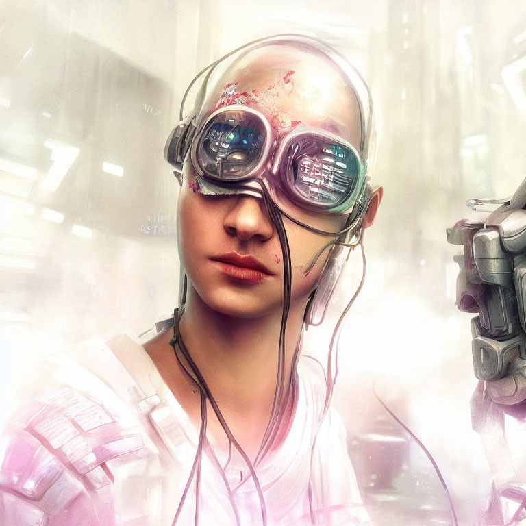 Futuristic goggles, blood spatter, cables on headgear in white backdrop