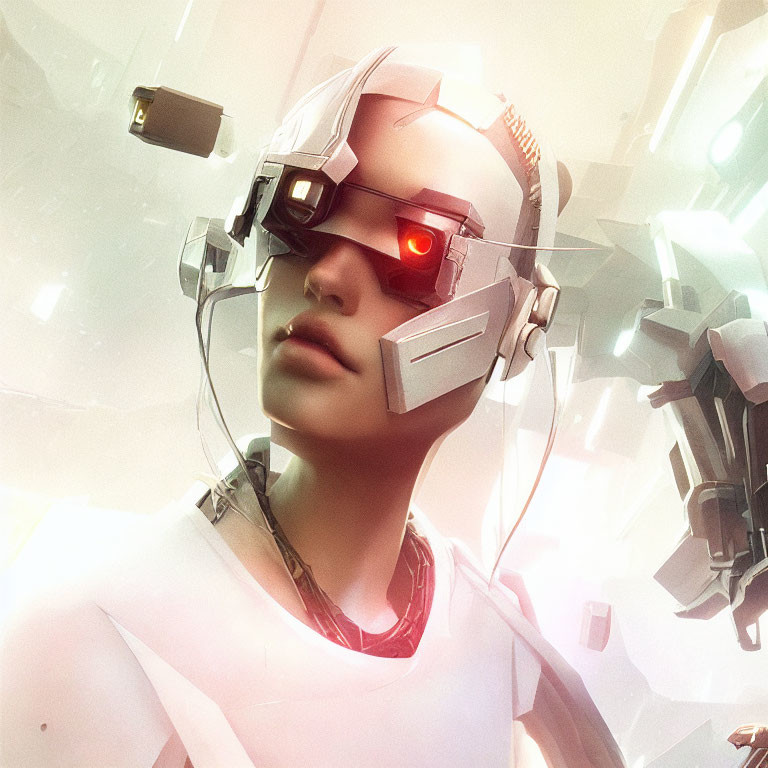 Cybernetic being with human-like face and red glowing eye in futuristic headgear