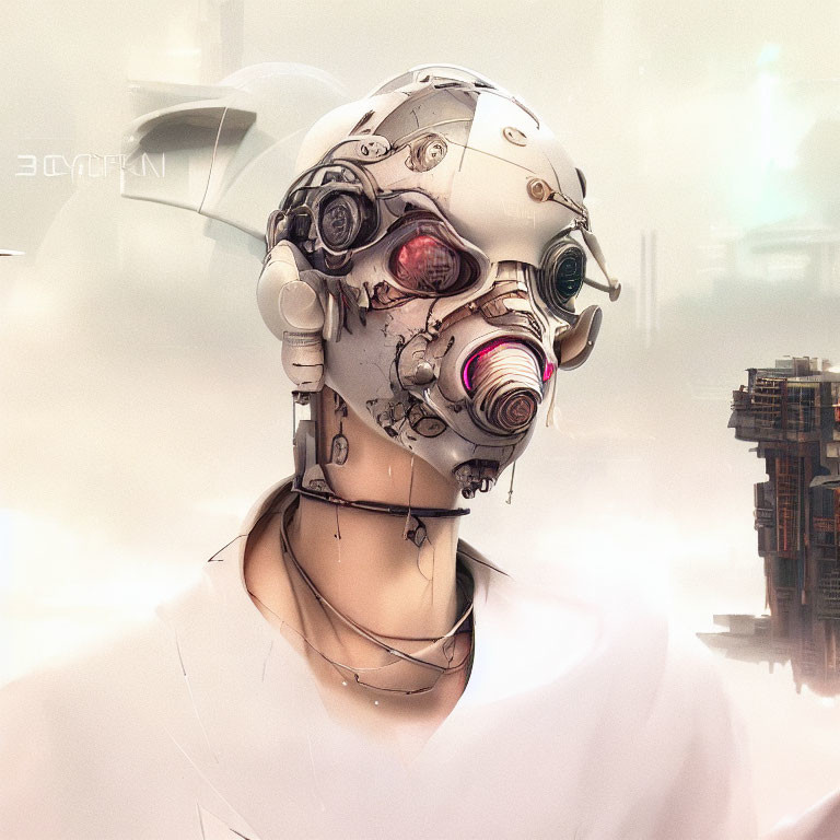 Detailed futuristic cyborg with mechanical head and exposed wires