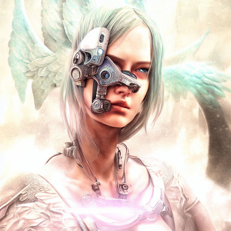 Digital Artwork: Person with Mechanical Eye, White Hair & Ethereal Wings