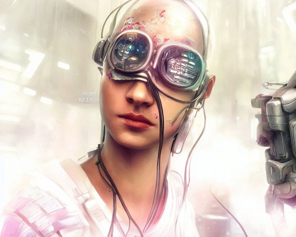 Futuristic goggles, blood spatter, cables on headgear in white backdrop