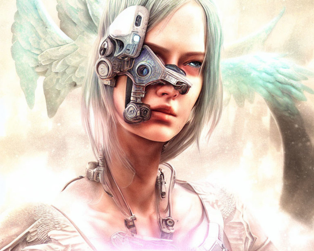 Digital Artwork: Person with Mechanical Eye, White Hair & Ethereal Wings