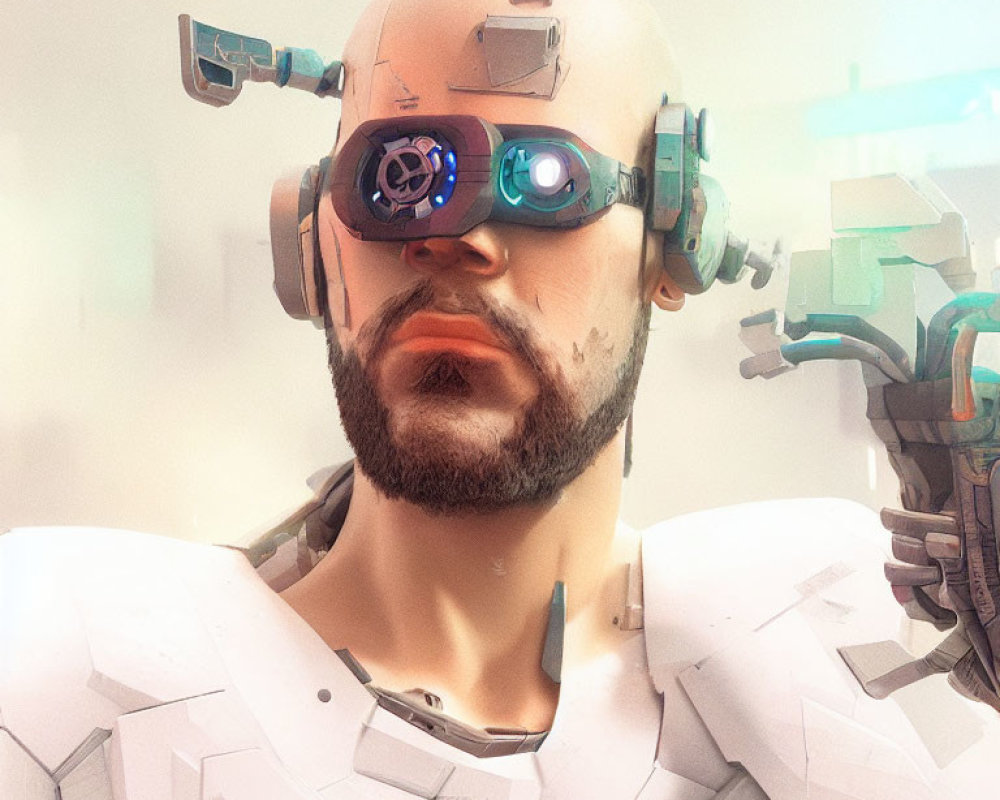 Futuristic male with bald head, beard, and cybernetic eye enhancements