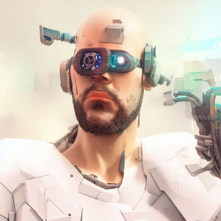 Futuristic male with bald head, beard, and cybernetic eye enhancements