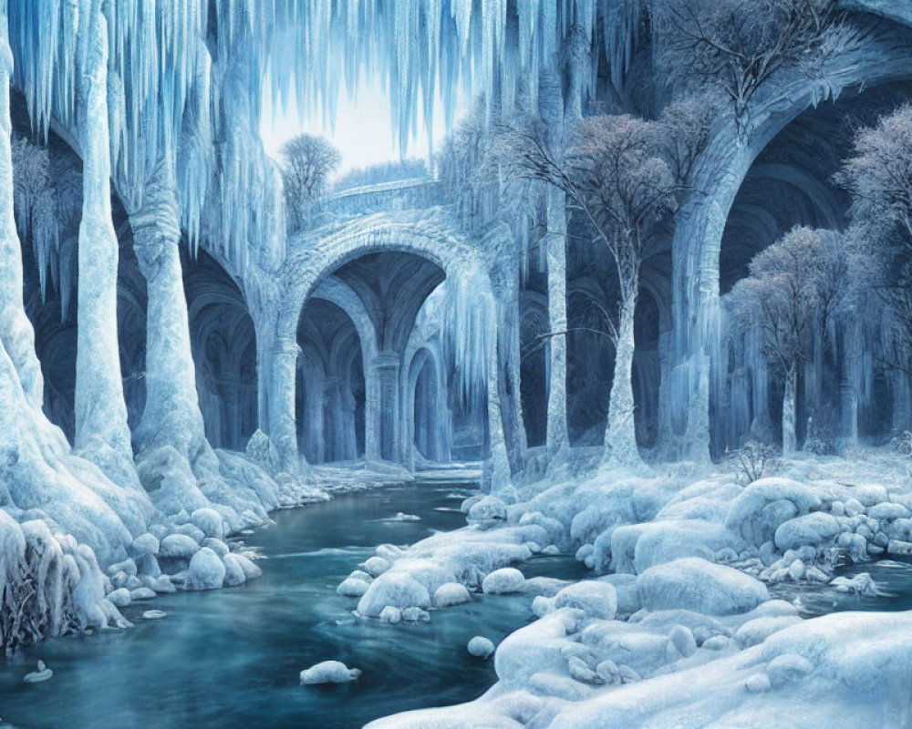 Frozen river, snow-covered trees, ancient arches in icy landscape