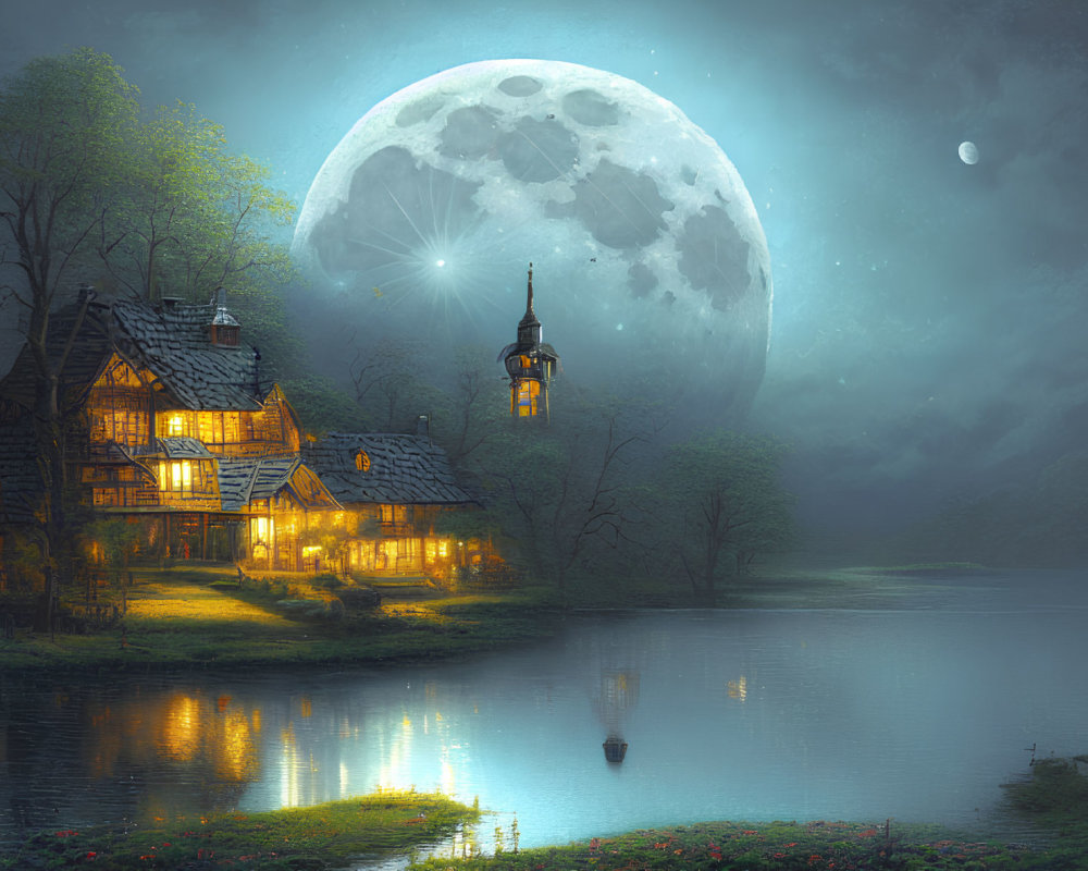 Moonlit Cottage by Tranquil Lake with Boat at Night